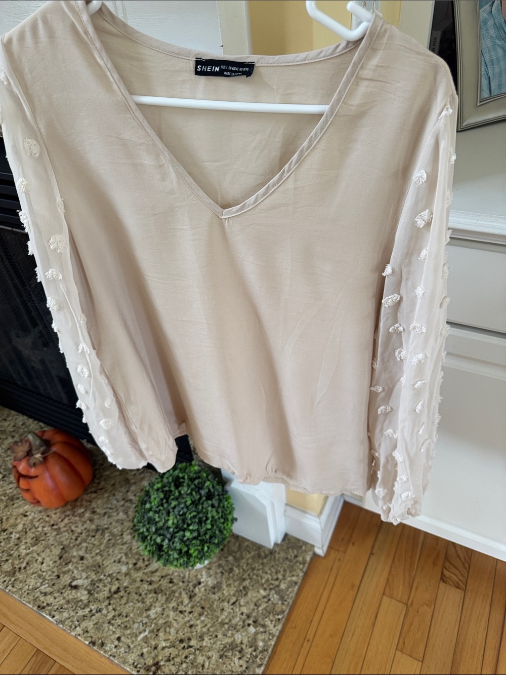 SHEIN Beige V-Neck Blouse with Sheer Dot-Trim Sleeves Size L